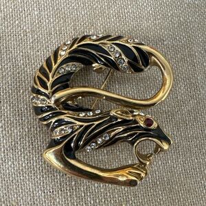 Gold & Black Panther Brooch with Crystal Accents - Women Jewelry